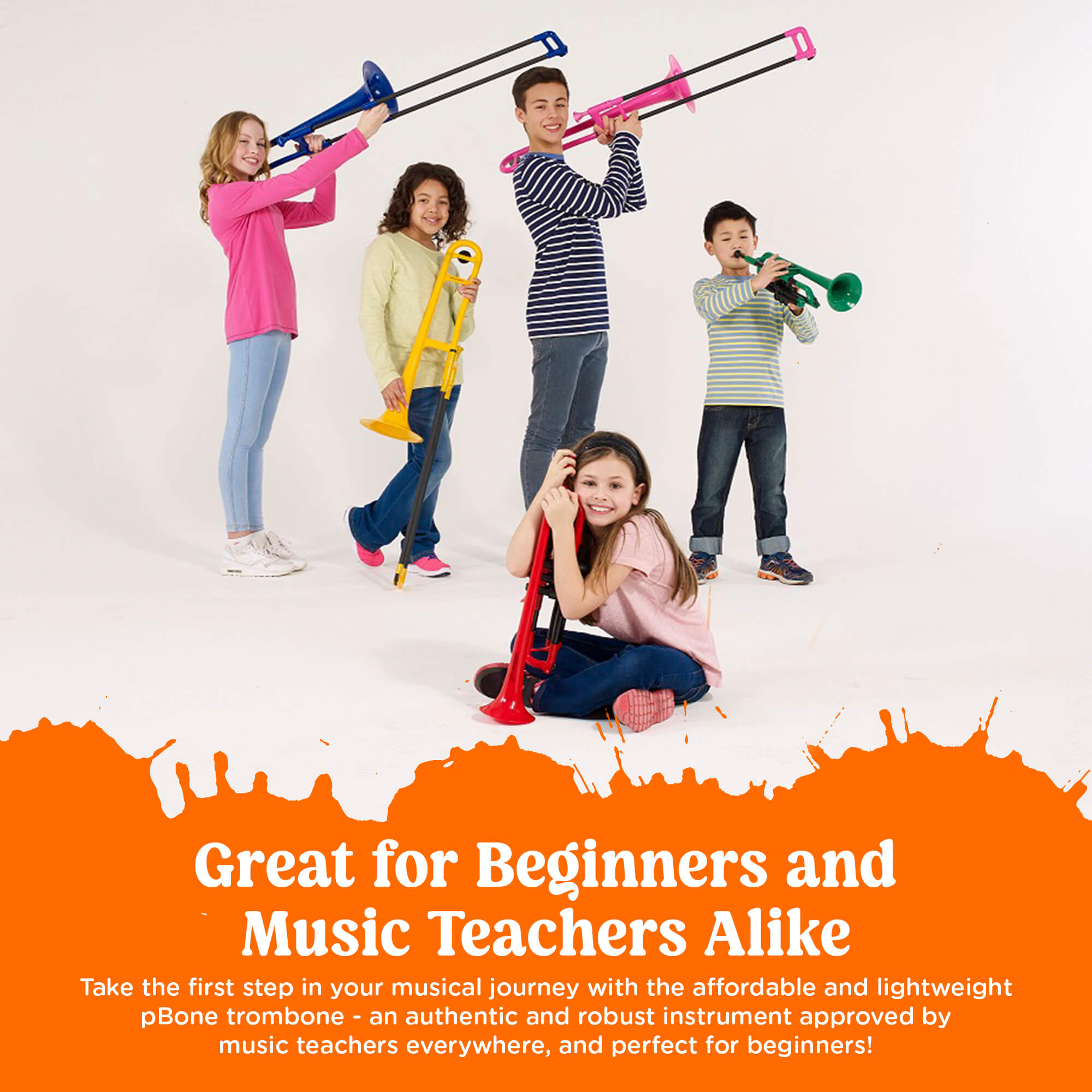 Five children playing multi-colored horns